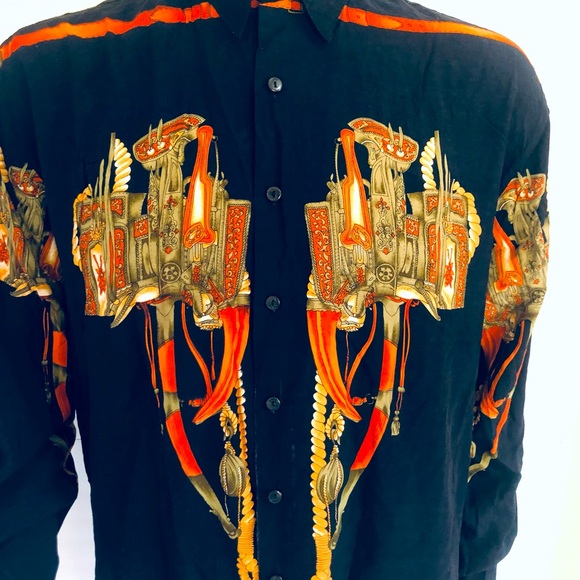 VINTAGE KBB Shirt Men M Black  Button Lightweight Band Collar 80’s Prints - Picture 5 of 15